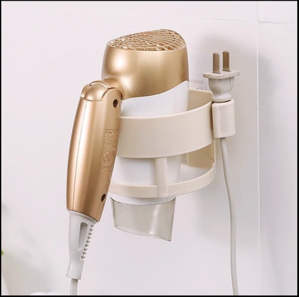 Plastic Self Adhesive Hair Dryer Holder Bathroom Wall Storage Shelf Organizer Stand, (Multi Color) - 1 Pc 